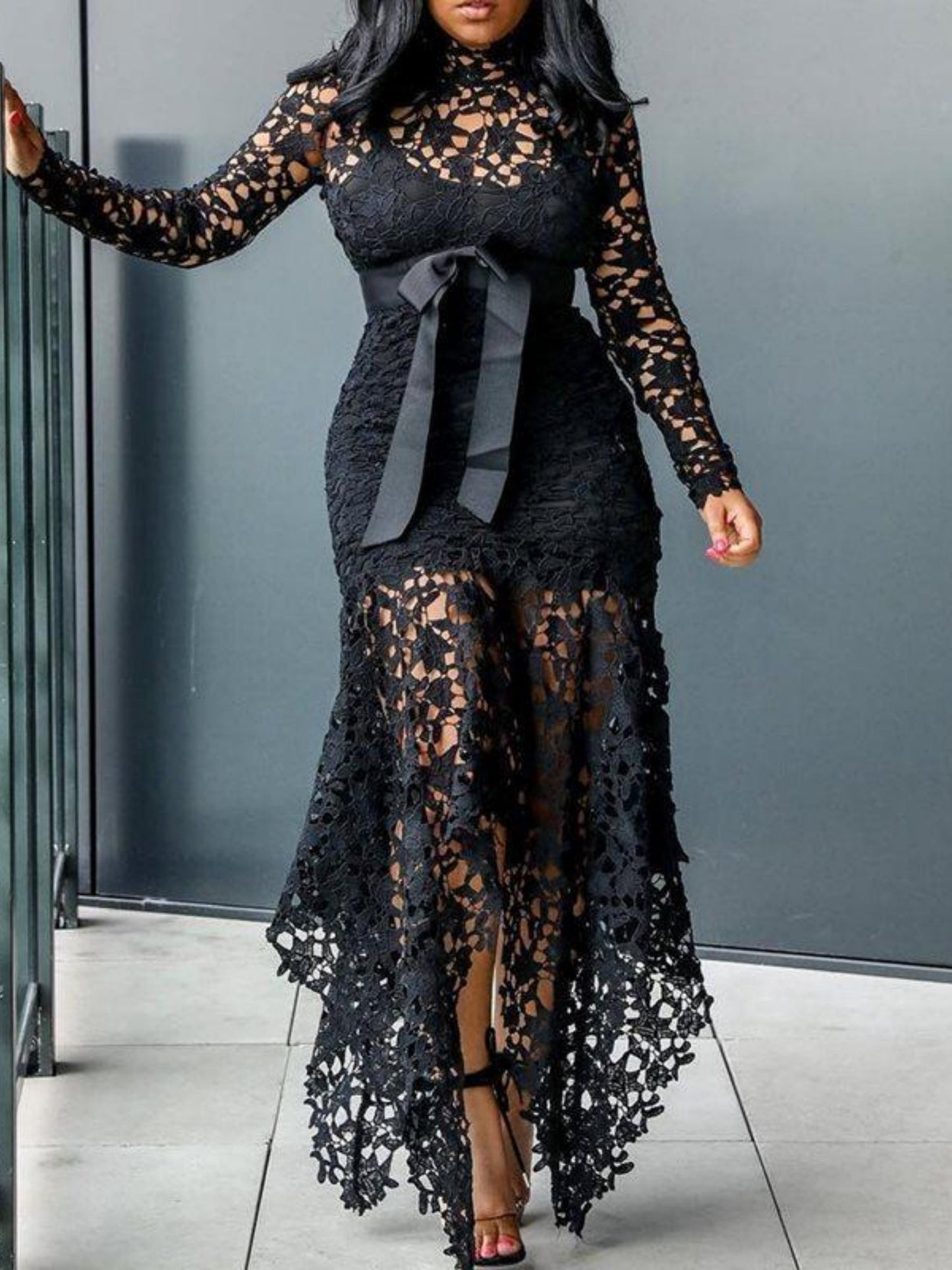 Lace Cutout Lace Up Stand-up Collar Long Sleeves Maxi Dresses