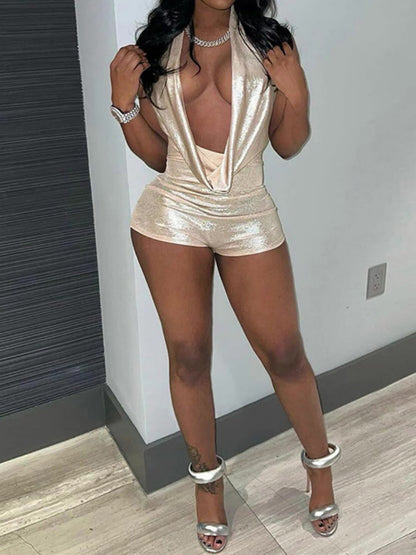 Metallic Gloss Deep V-neck Backless Tight-fitting Jumpsuits