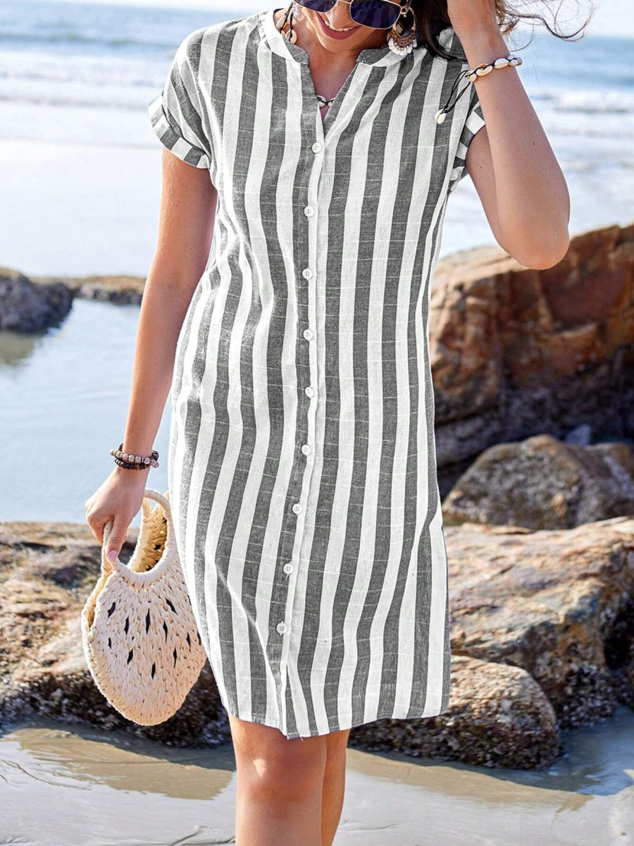 Buttons Stripes Mini&Short Dresses