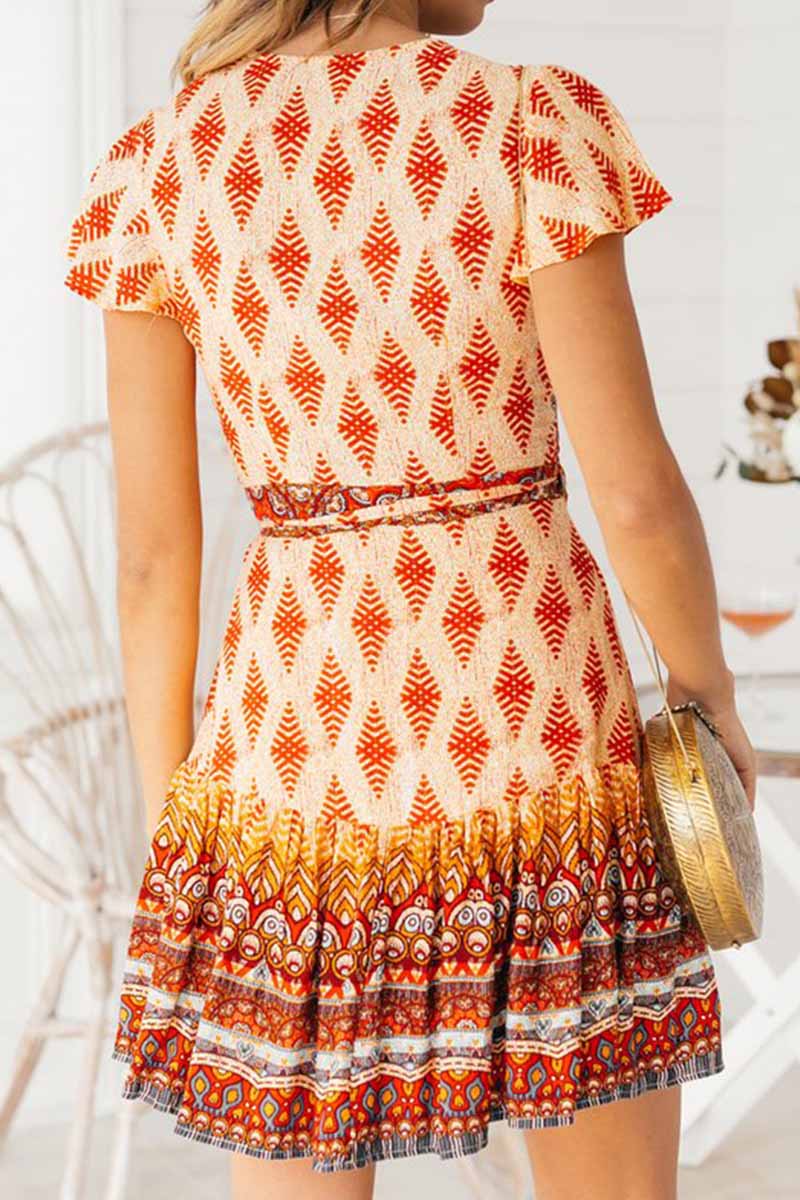 Ethnic Print Wrap V-Neck Flutter Sleeve Tiered Ruffle Mini Dress