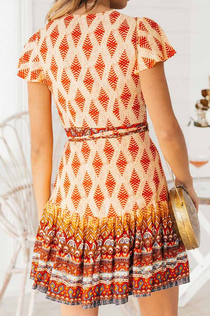 Ethnic Print Wrap V-Neck Flutter Sleeve Tiered Ruffle Mini Dress