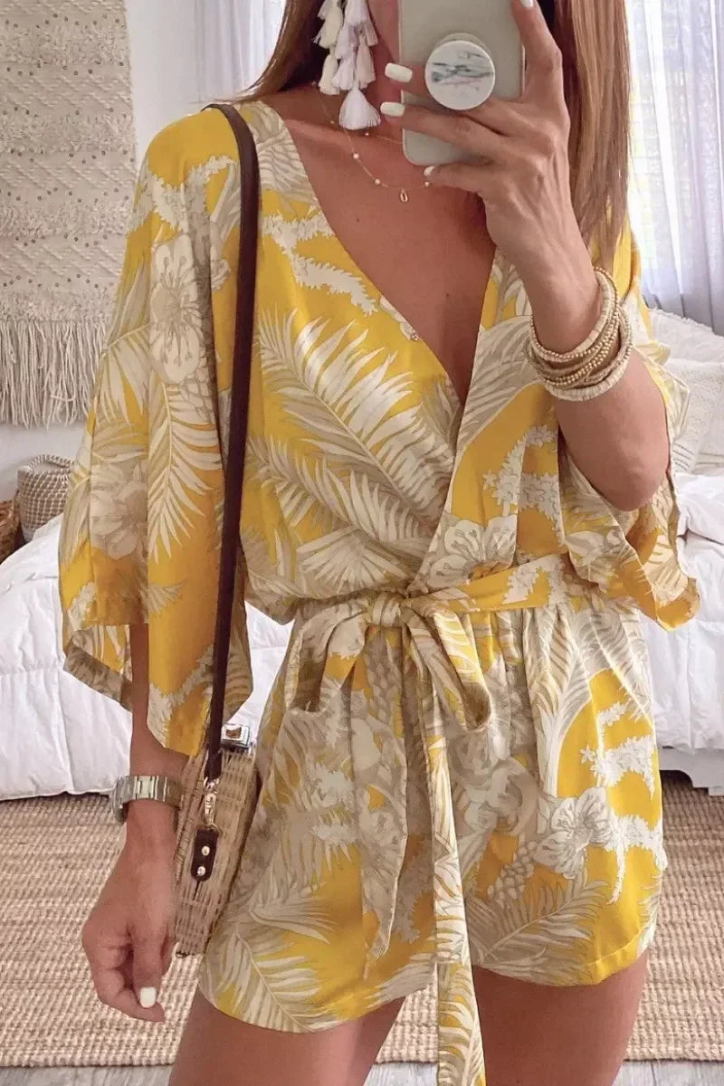 Margovil  Wrap V Neck Tie Knot Leaf Print Batwing Romper