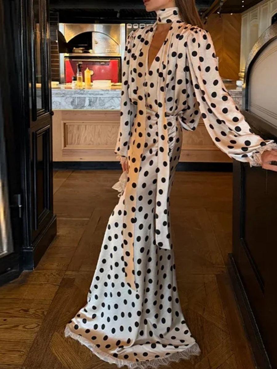 Puff Lantern Sleeves Retro Hip-hugging Grace Polka Dots Maxi Dresses