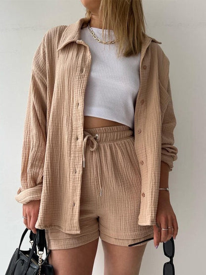 Long-sleeved Shirt And High-waisted Drawstring Shorts Casual Two-piece Set
