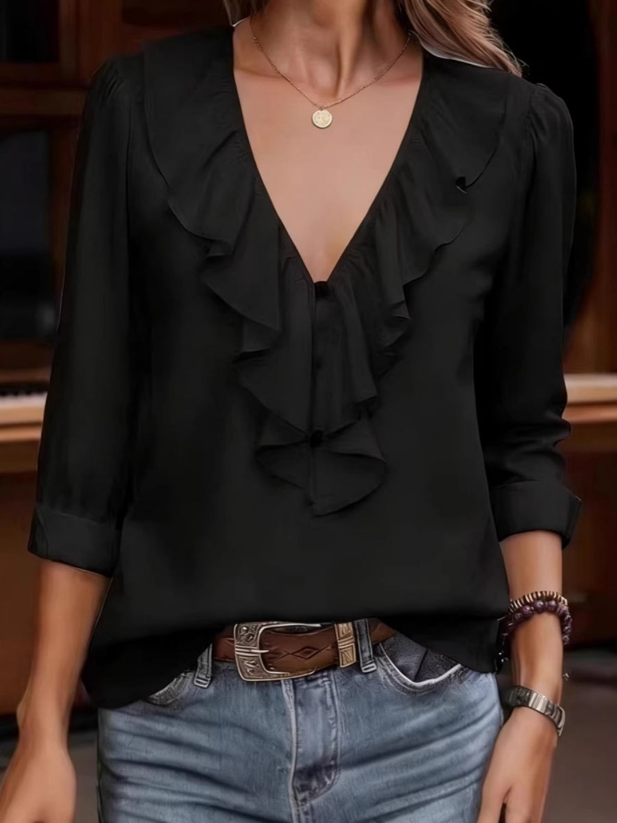 V-neck Pleated Ruffle Chiffon Blouse