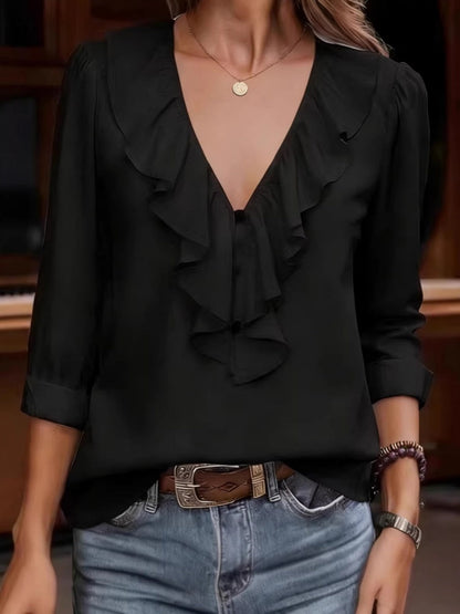 V-neck Pleated Ruffle Chiffon Blouse
