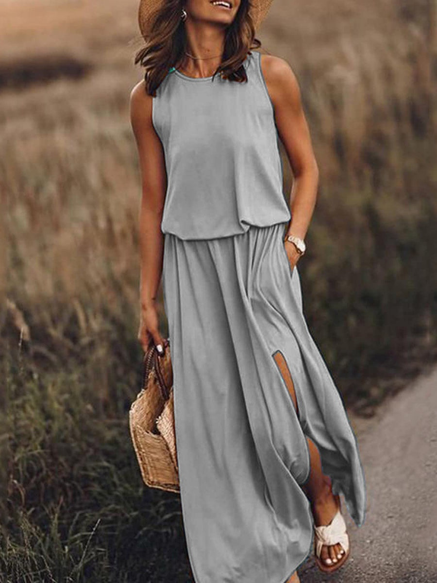 Round Neck Sleeveless Slit Long Dress