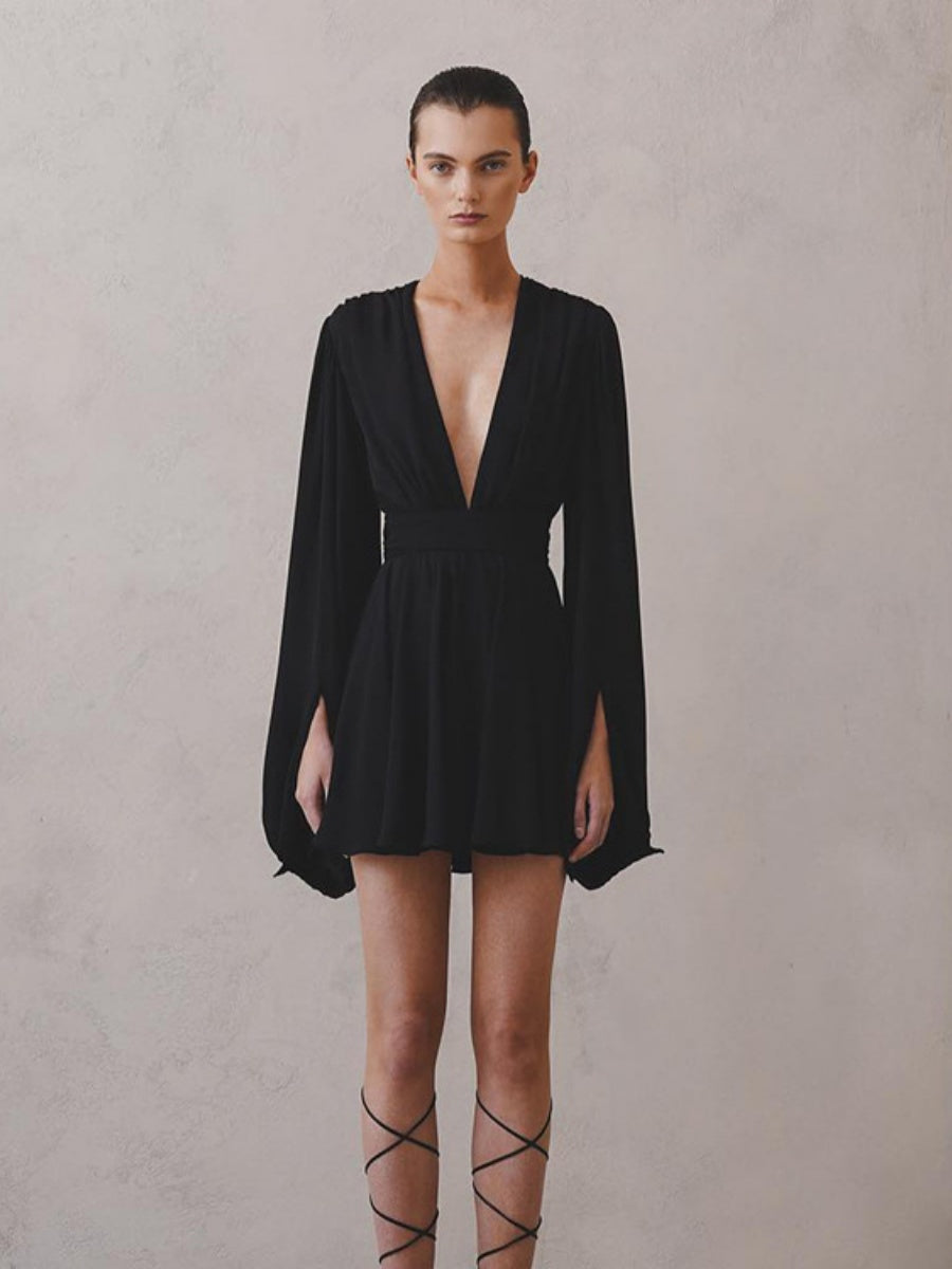 V-neck Flared Sleeves Waist Mini&Short Dresses