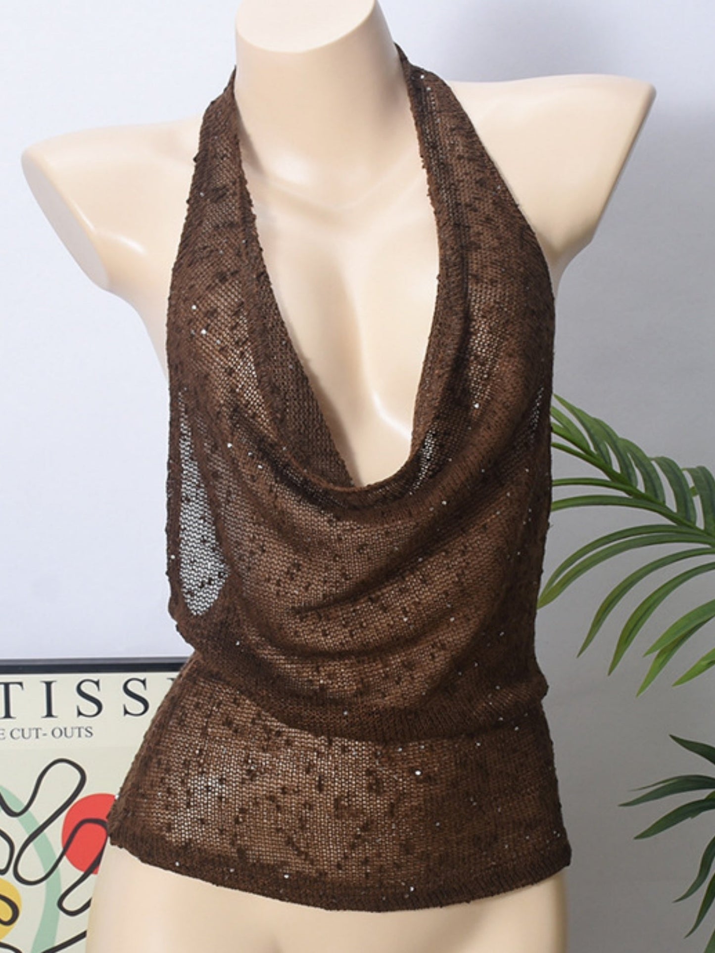Glitter See-through Sway Neck Backless Tank Tops