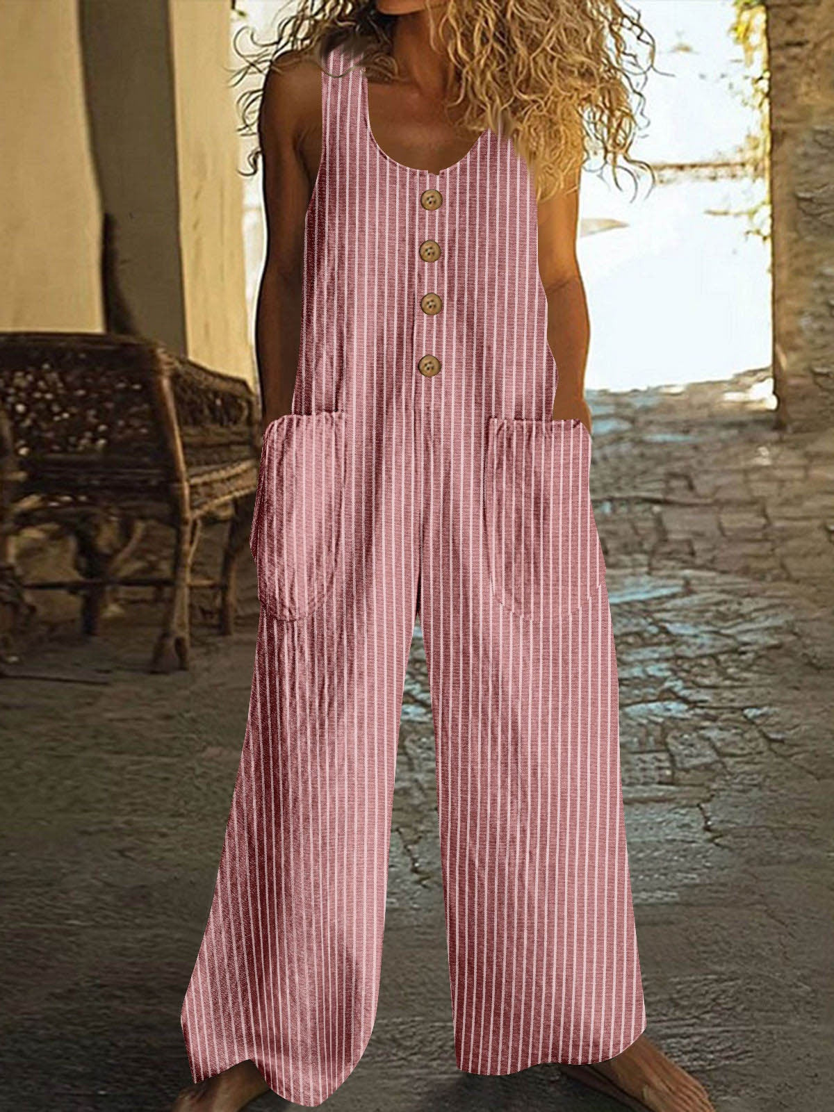 Button-up Pocket Loose Casual Striped Cotton Linen Overalls