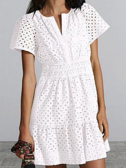 Lace Cutout V-neck Short Sleeve A-line Short Dress