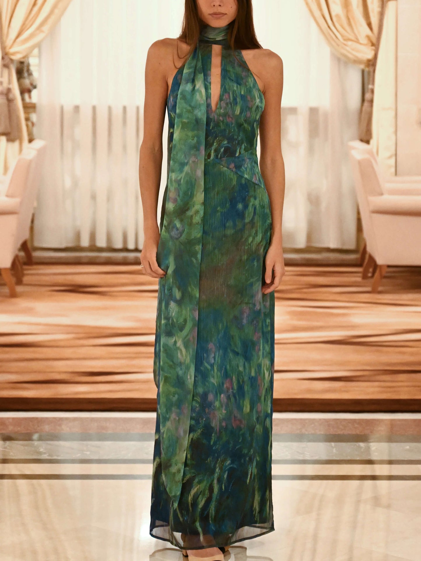 Halter Scarf Neck Keyhole Plisse Print Maxi Dress
