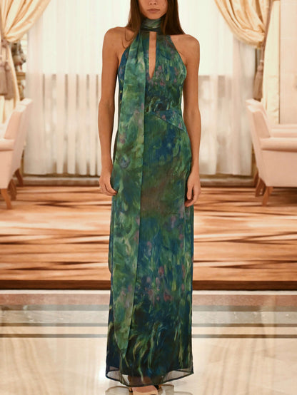Halter Scarf Neck Keyhole Plisse Print Maxi Dress