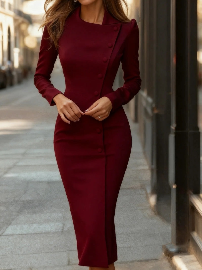 Asymmetrical Single-breasted Slim-fit Midi Dress