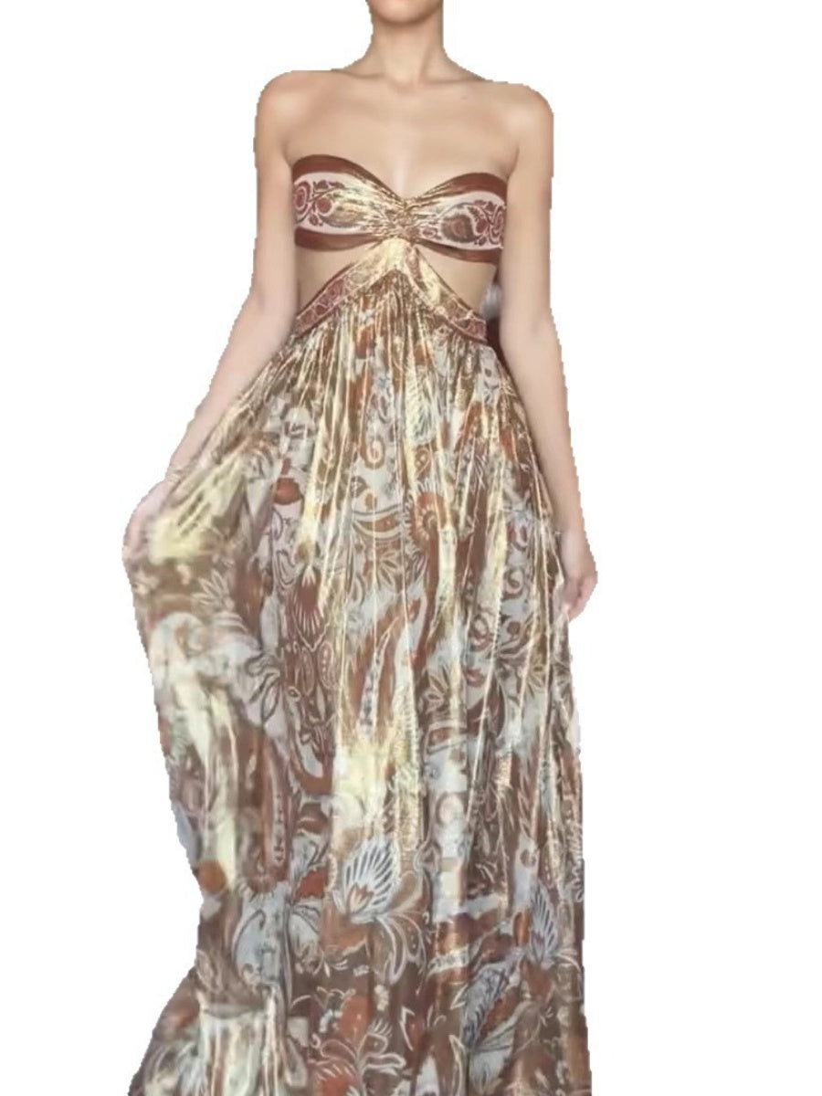 Tube Top Printed Hollow Satin Vacation Maxi Dresses