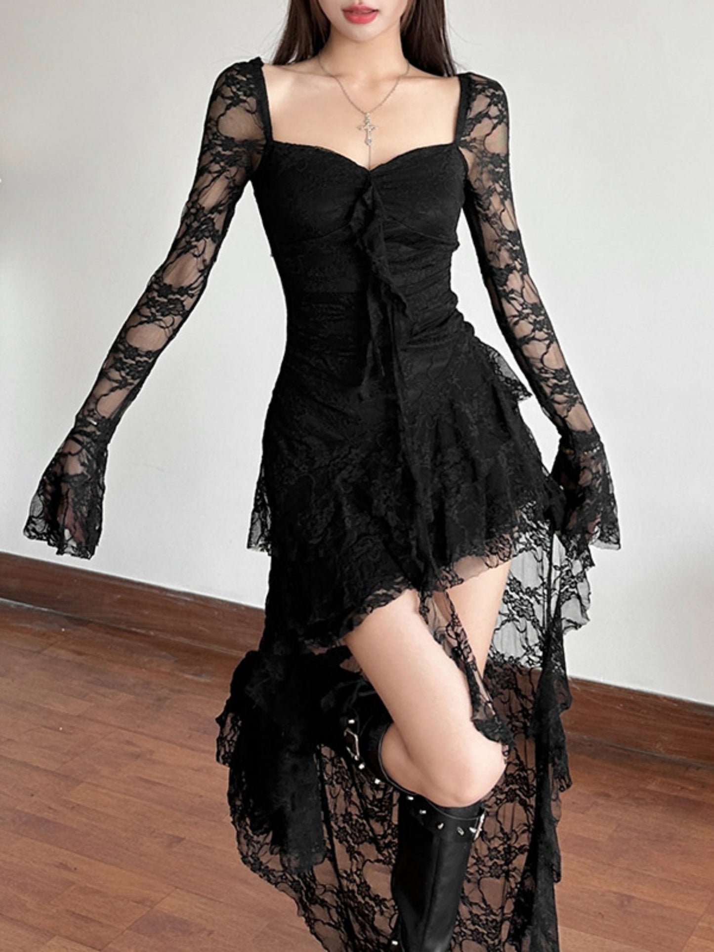 Lace Patchwork Perspective Irregular Hem Mini&Short Dresses