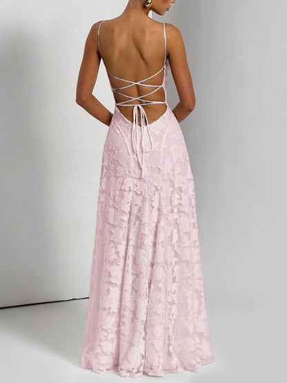 Spaghetti Strap Square Neck 3D Floral Applique A-Line Maxi Dress