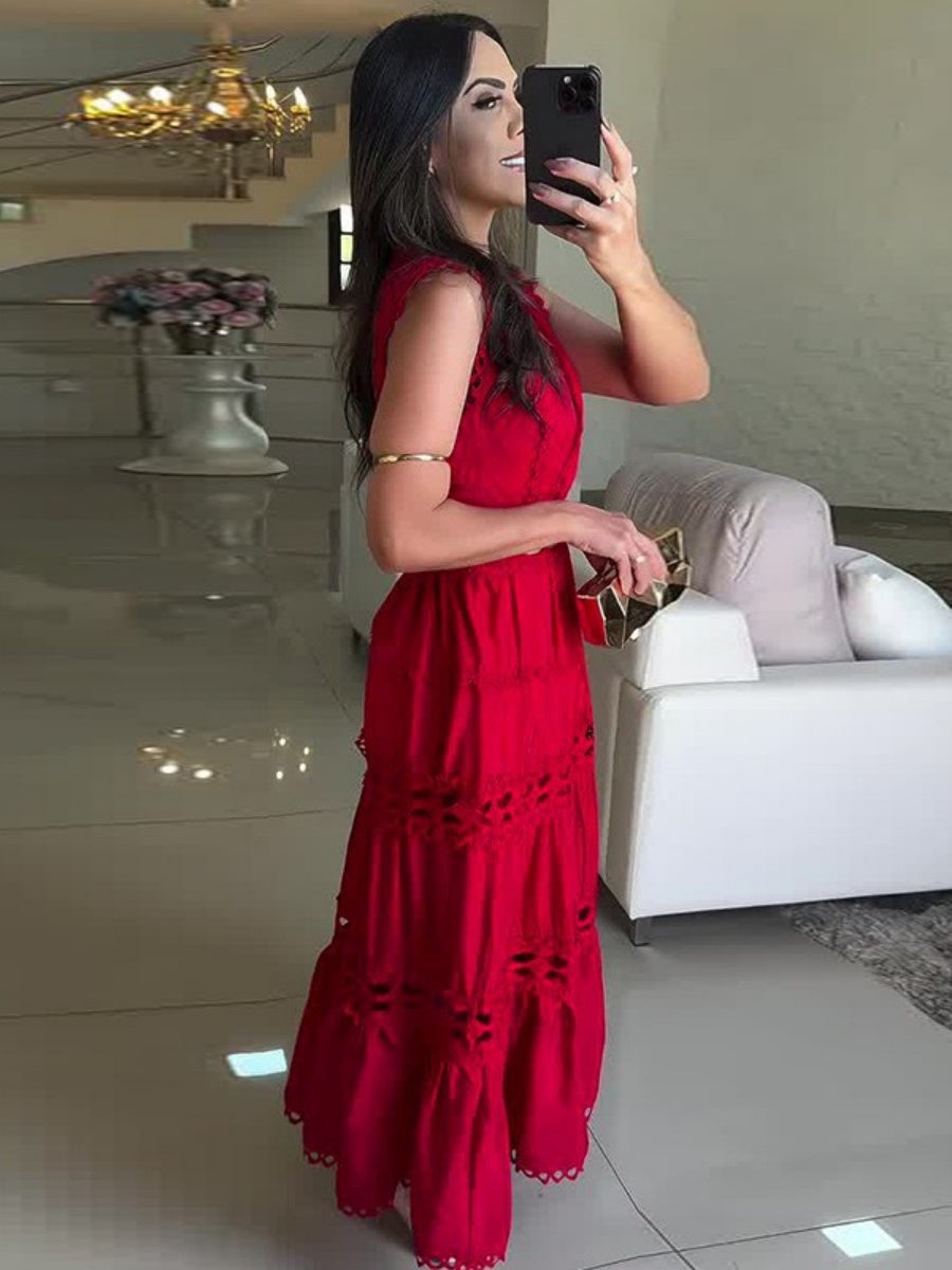 Openwork Embroidery V-neck Slimming Maxi Dresses
