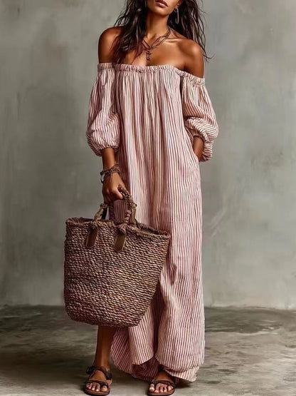 Striped Off-the-shoulder Long Dress