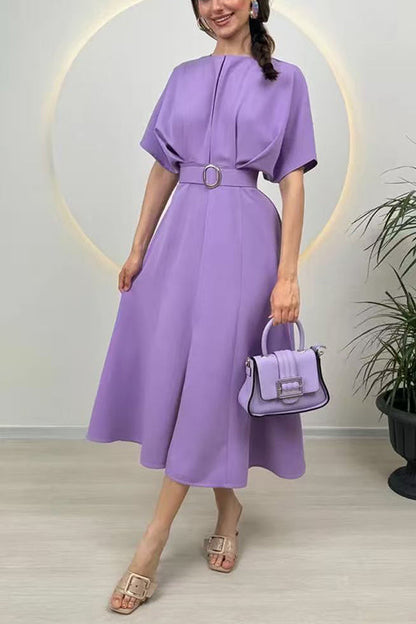 Margovil Crewneck Short Sleeves Belted Slit Midi Dress