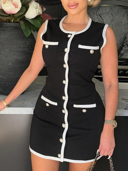 Color-blocked Knitting Pearl Button Sleeveless Mini&Short Dresses