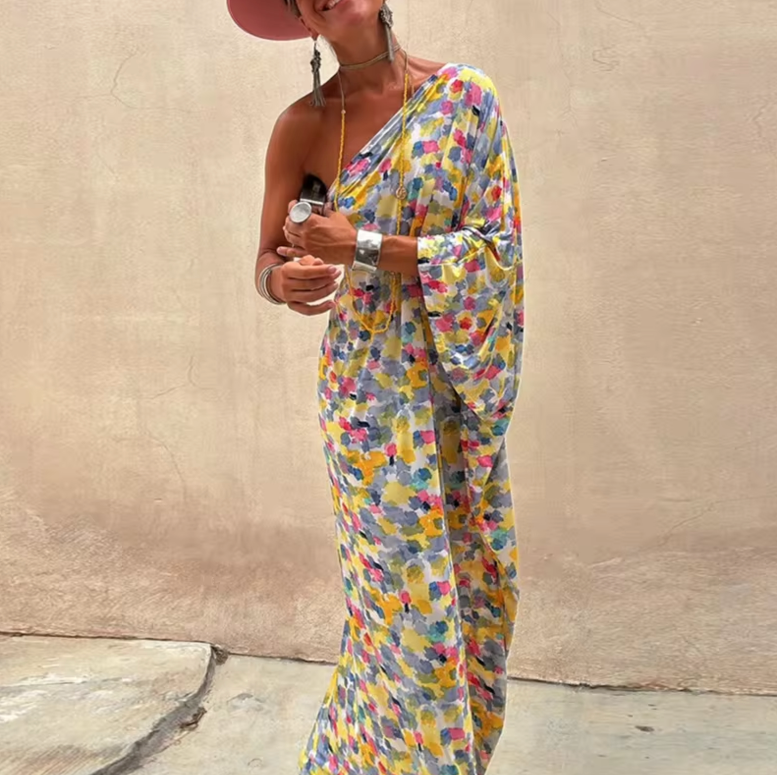 Abstract Painterly Print One-Shoulder Batwing Sleeve Oversized Maxi Dress