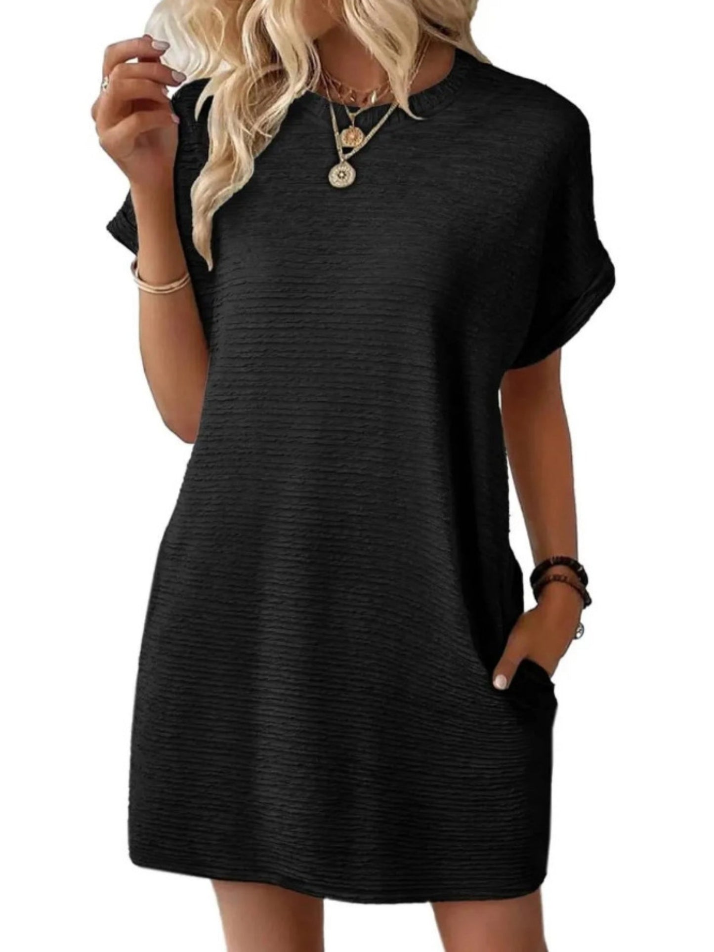 Pocket Crew Neck Short Sleeve Loose-fit Mini&Short Dresses