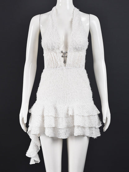 Hollow Out Deep V Neck Strap Tutu Backless Mini&Short Dresses