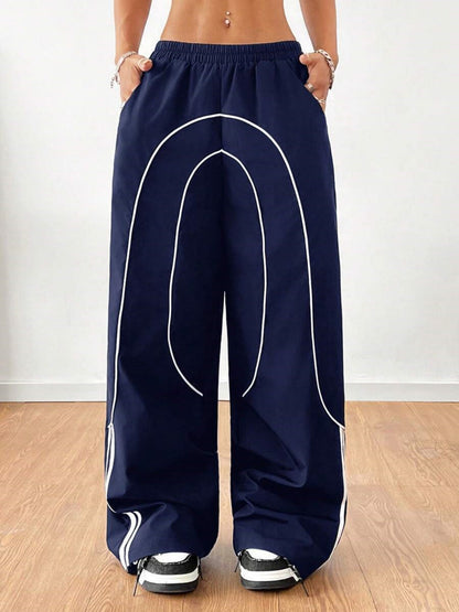 Color-blocked Elastic Waistband Pocket Wide-leg Trousers