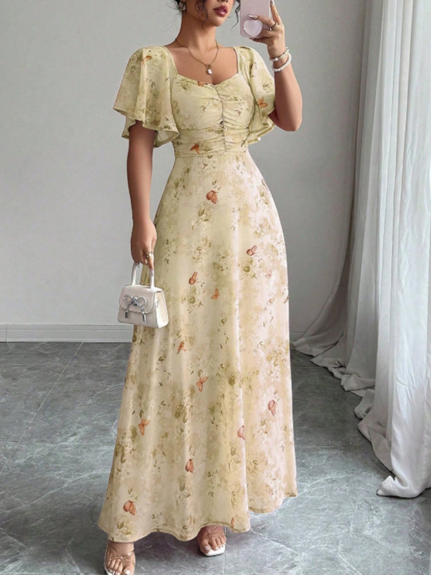 Butterfly Print Lotus Leaf Sleeves Pleated Slim Fit Maxi Dresses