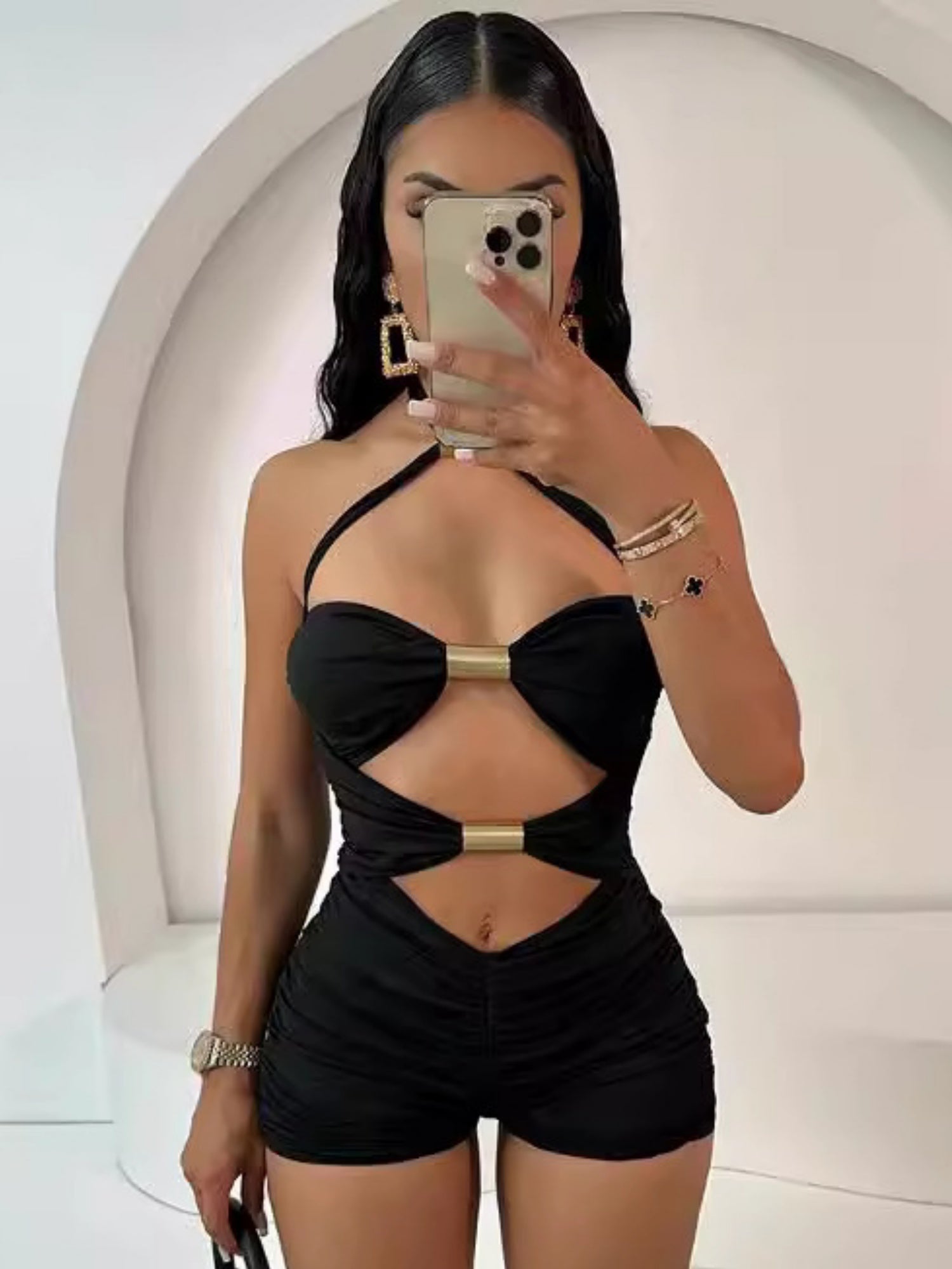 Hollow Out Metal Pipe Splicing Color-blocked Bow Neckband Jumpsuits