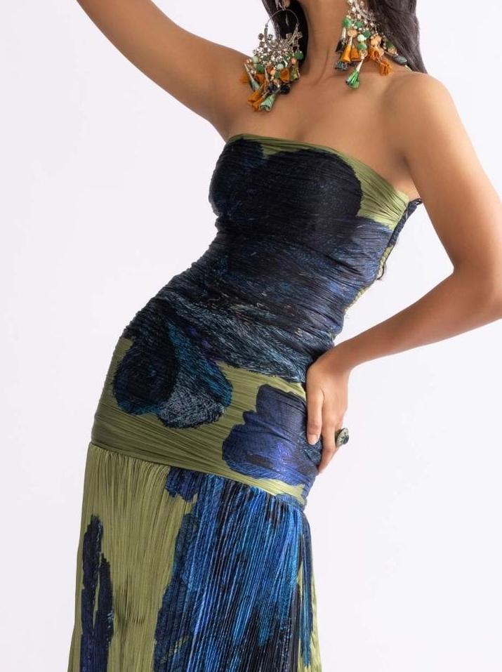 Strapless Ruched Bodice Abstract Print Plisse Pleated Maxi Dress