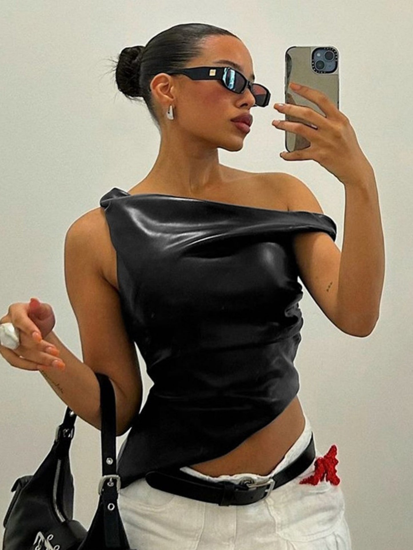 PU Leather Asymmetrical Neckline And Off-shoulder Twisted Design Cropped Vest