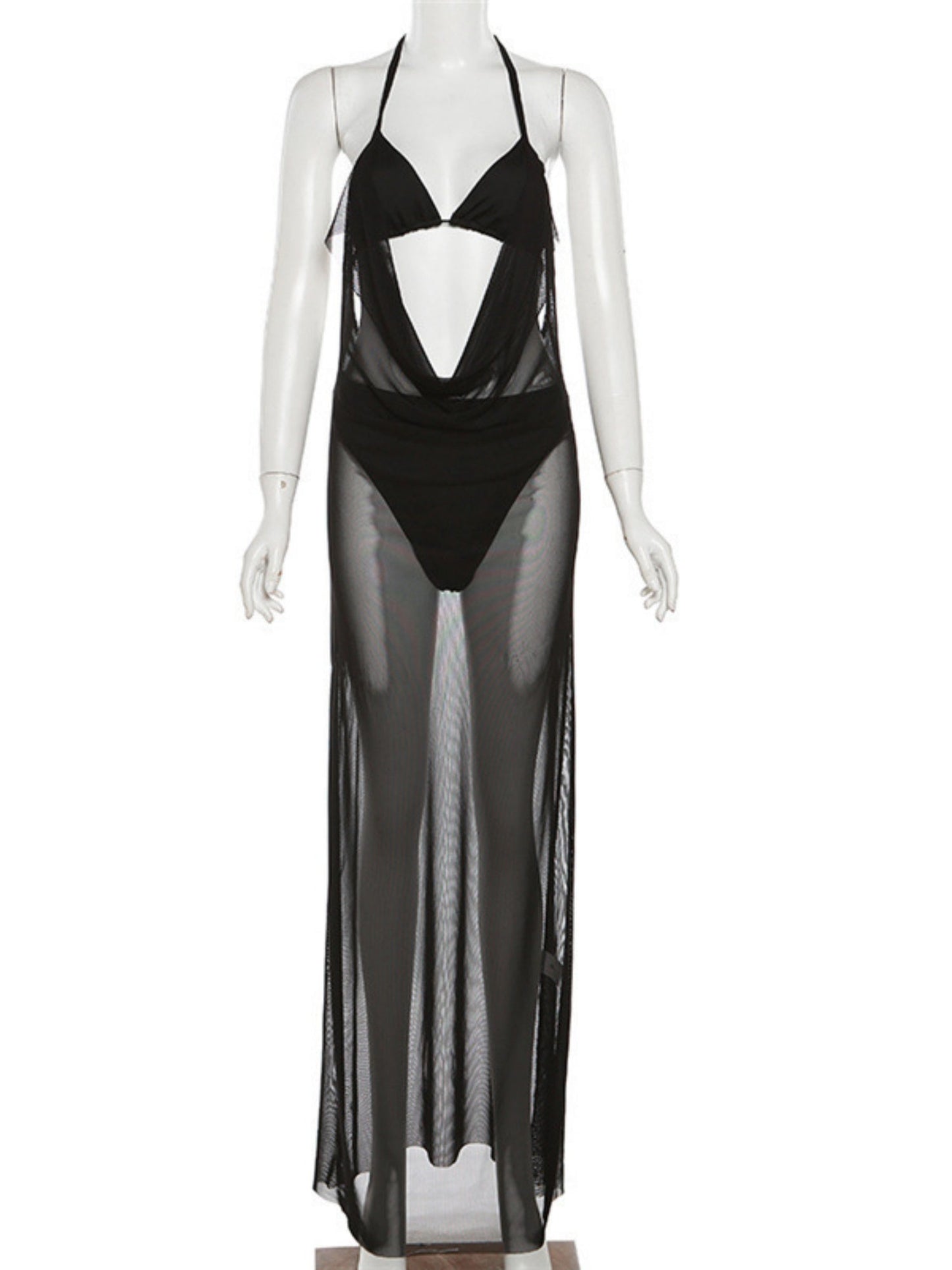 Hollow Out Mesh Splicing Perspective Halter Neck And Backless Maxi Dresses