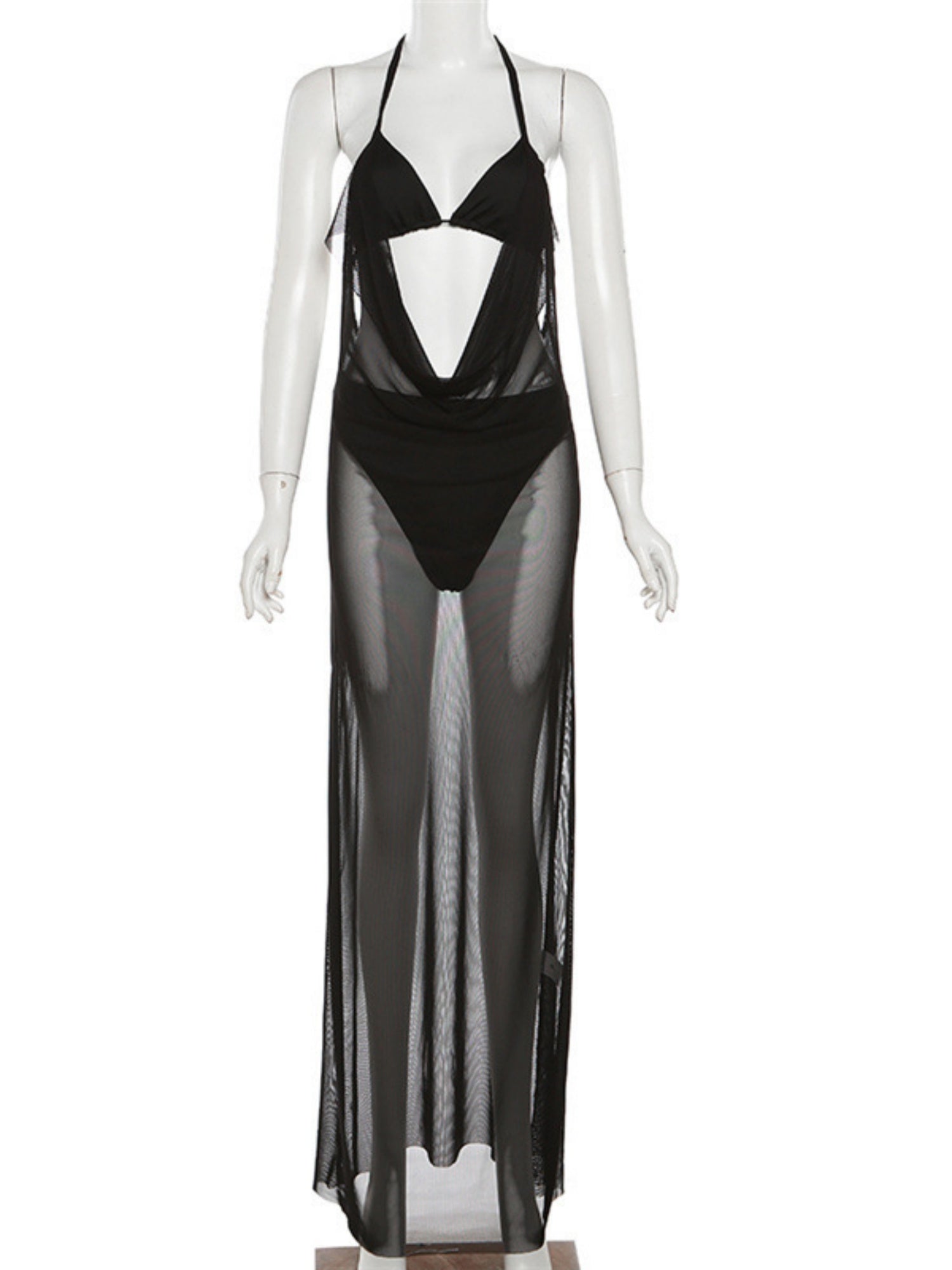 Hollow Out Mesh Splicing Perspective Halter Neck And Backless Maxi Dresses