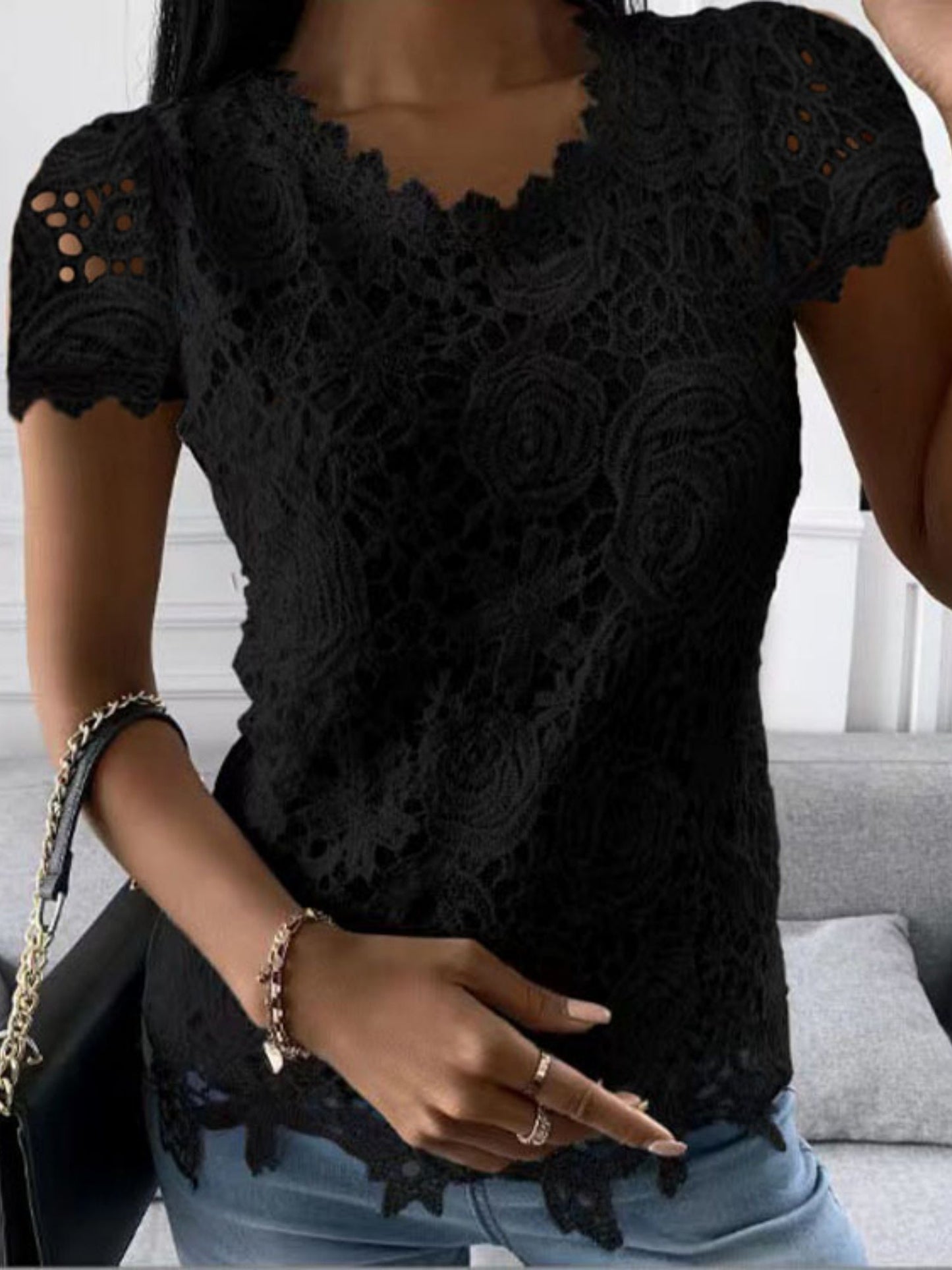 Lace Trim Crew Neck Short-sleeved T-shirt