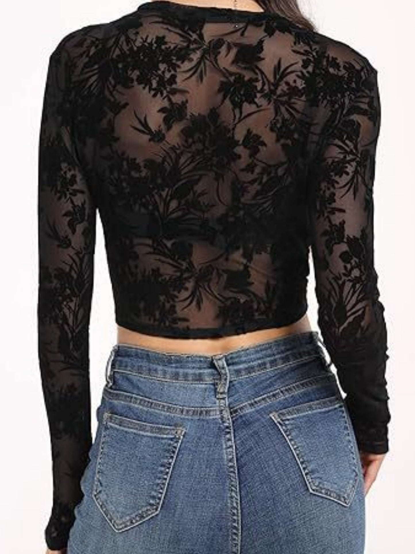 Mesh Transparent Flocking Printing Long-sleeved T-shirt