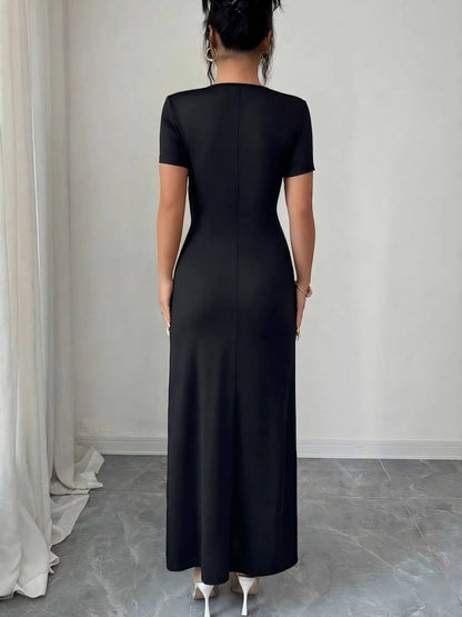 V-neck Cross Metal Buckle Pleated Slit Maxi Dresses
