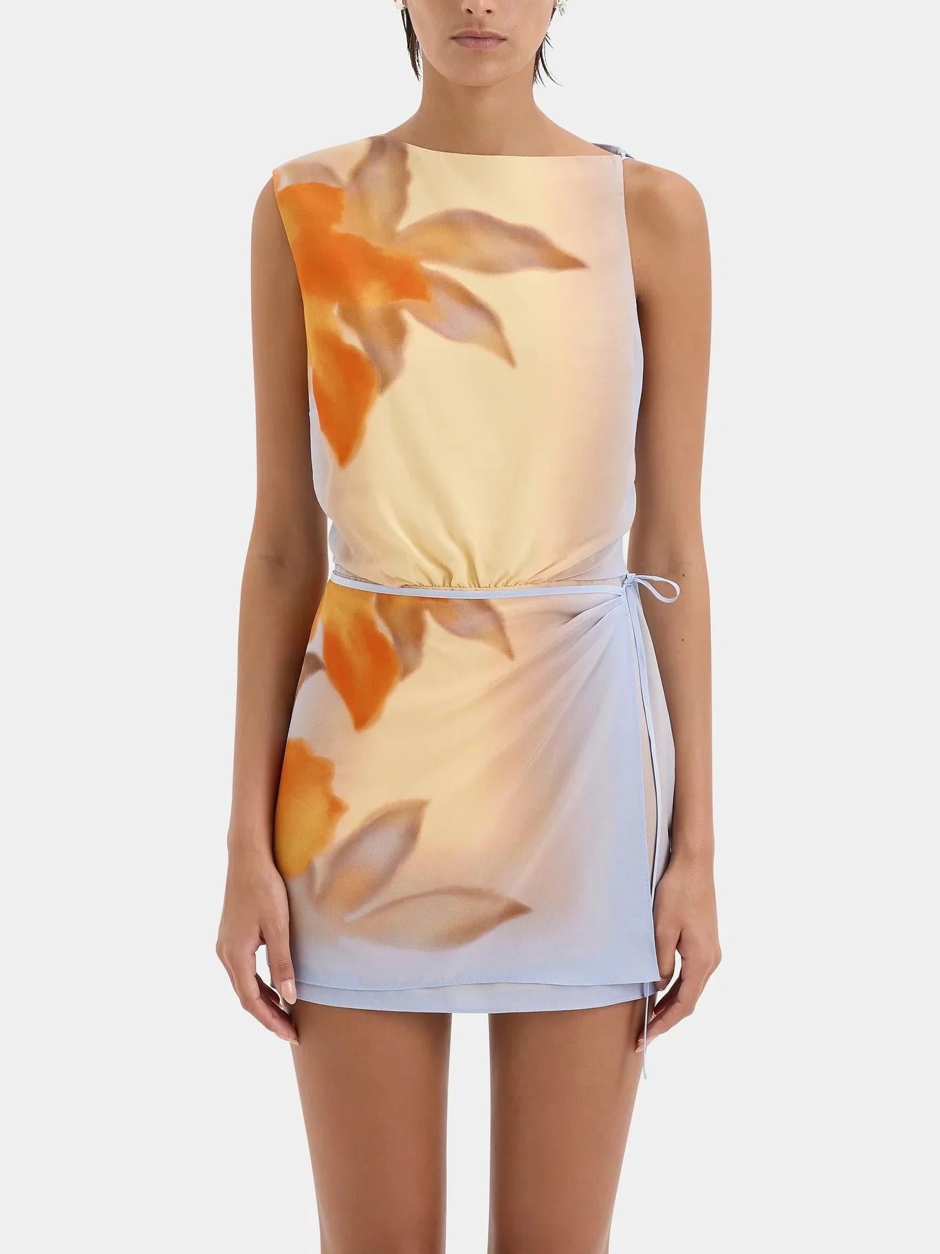 Boat Neck Sleeveless Side Tie Wrap Skirt Watercolor Floral Mini Dress