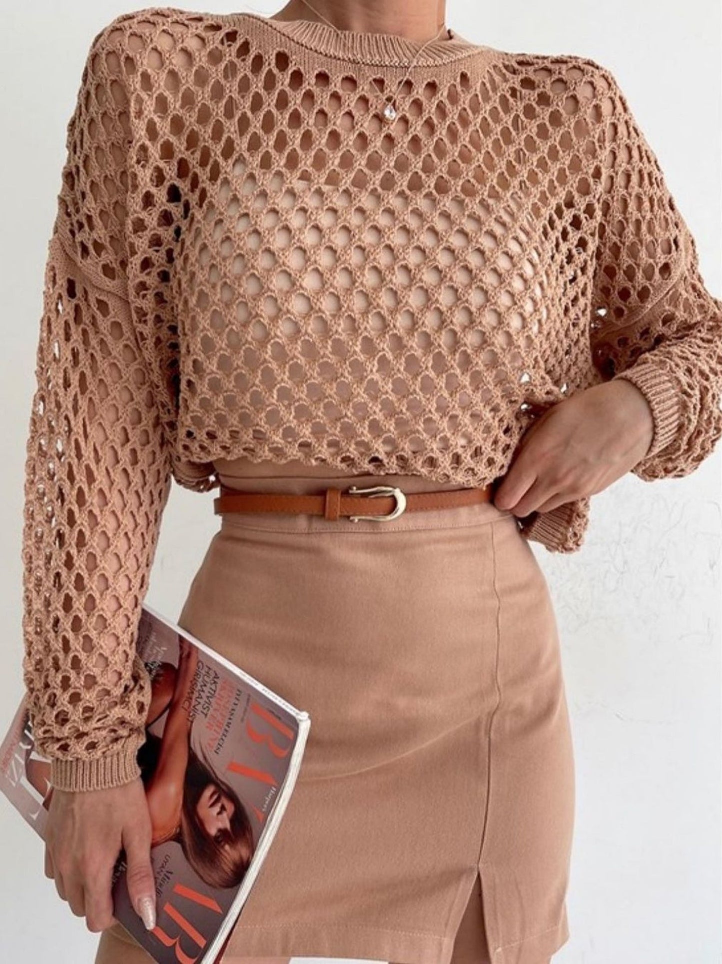 Hollow Out Round Neck With Bell Sleeves Knitted Cover-up