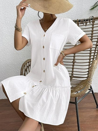 Single Row V-neck Loose-fit Short Sleeve Mini&Short Dresses