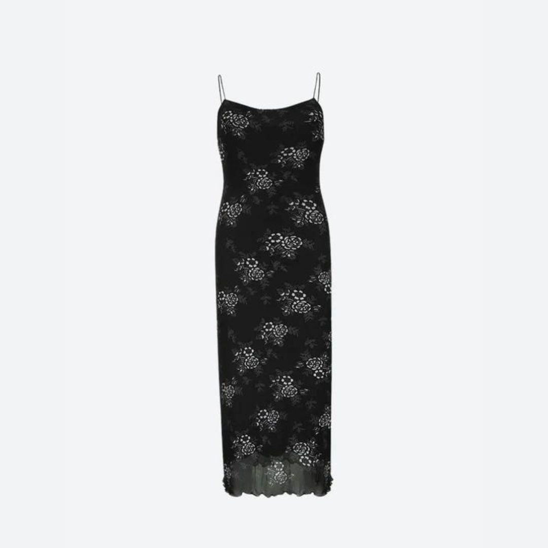 Floral Print Spaghetti Strap Lettuce-Hem Mesh Maxi Dress