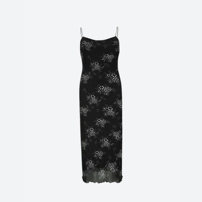 Floral Print Spaghetti Strap Lettuce-Hem Mesh Maxi Dress