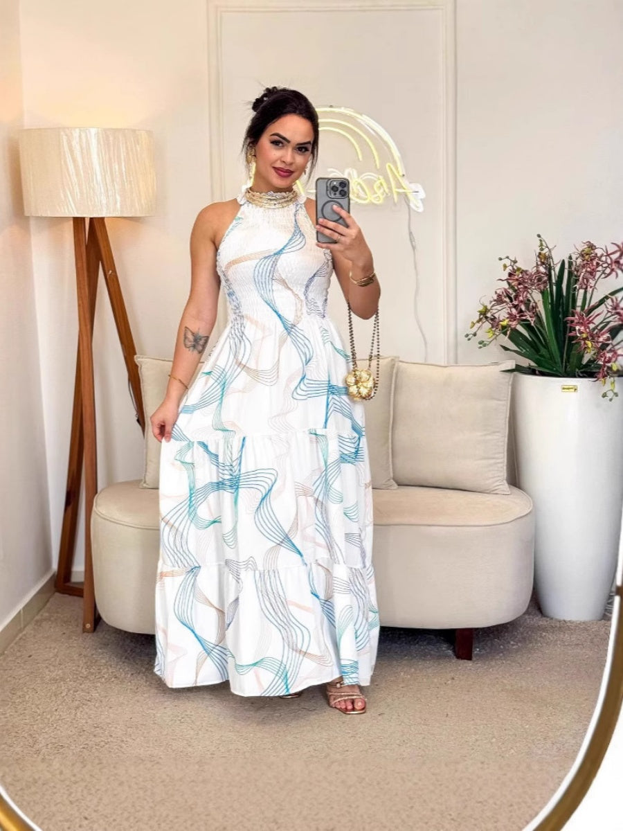 Printed Halter Waist Vacation Temperament Maxi Dresses