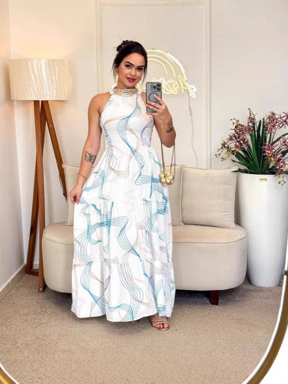 Printed Halter Waist Vacation Temperament Maxi Dresses