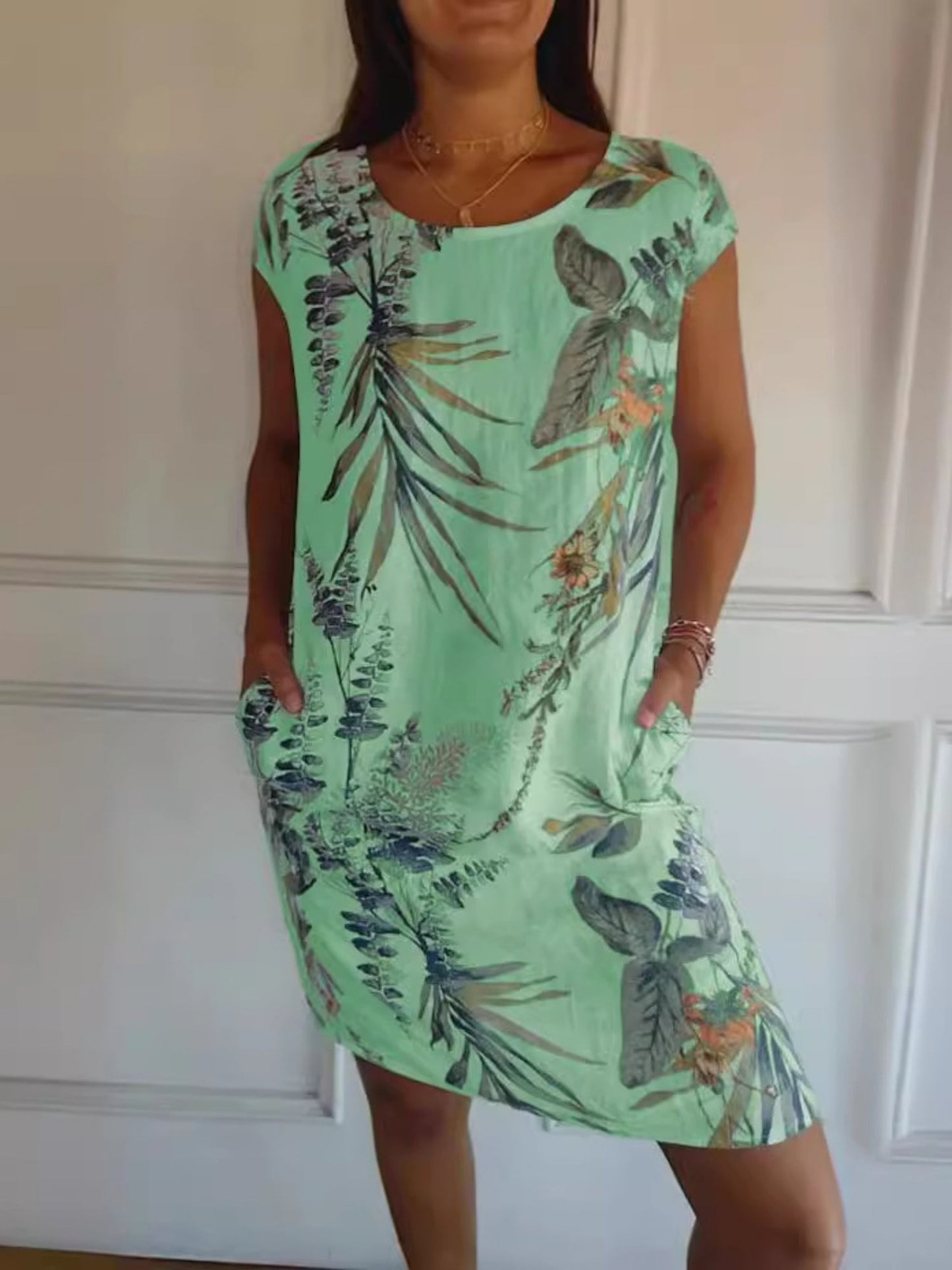 Printed Cotton And Linen Pocket Crew Neck Short Sleeve Mini&Short Dresses