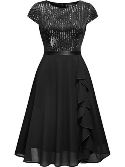Crew Neck Sequins Chiffon Splicing Evening Dress Mini&Short Dresses