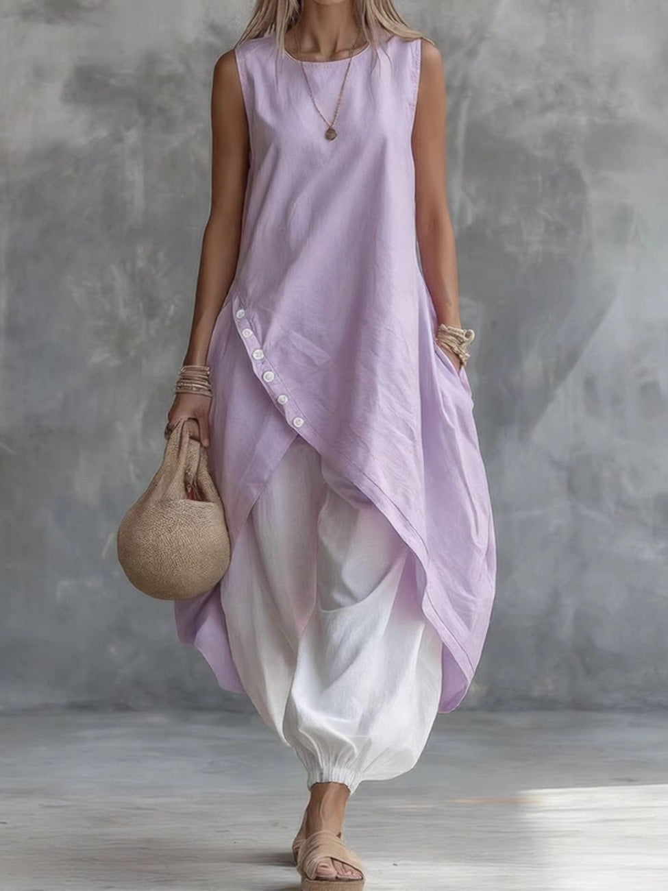 Sleeveless Loose-fitting 2-piece Set With Pockets