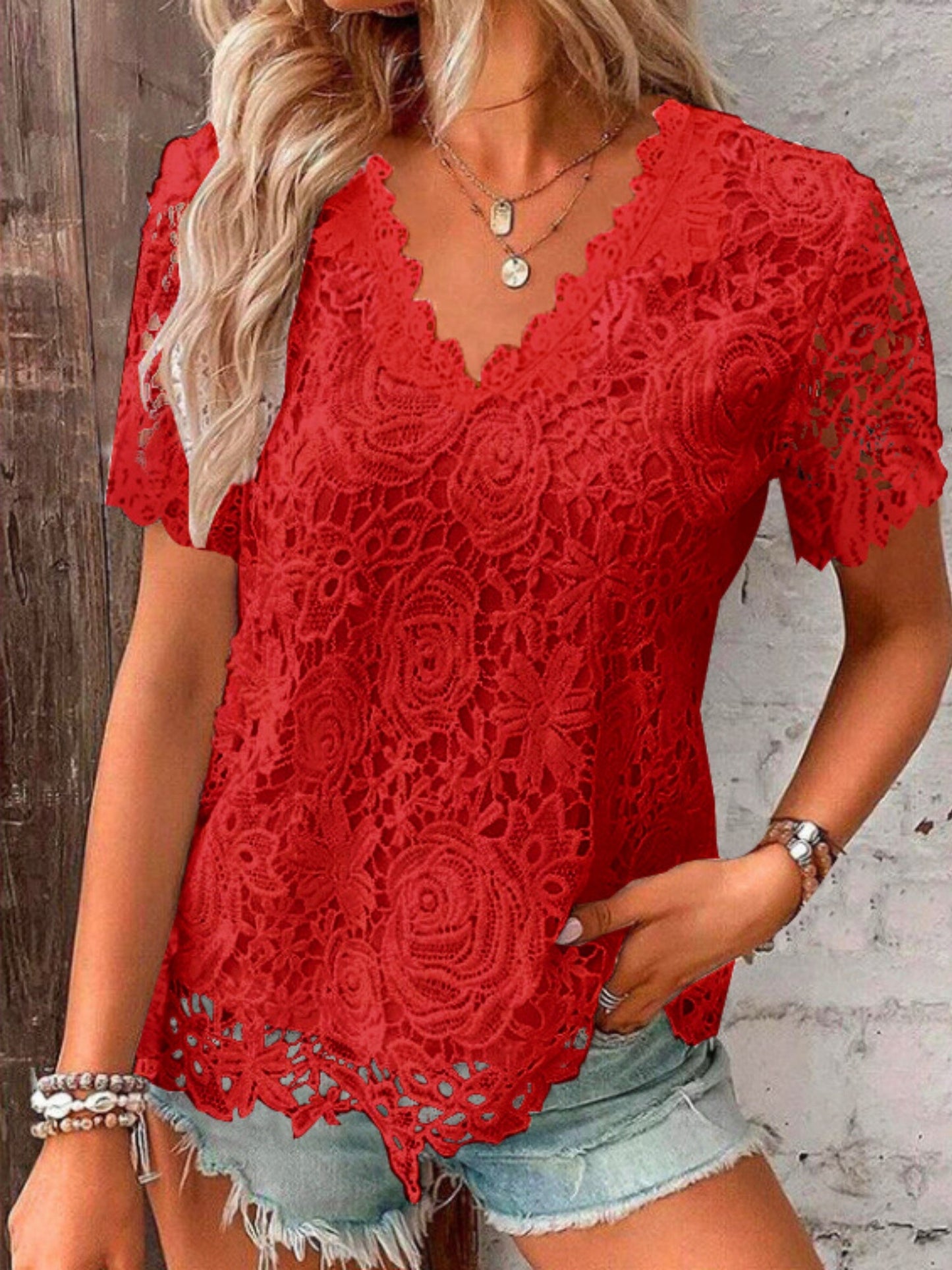 Lace Trim V-neck Short-sleeved T-shirt