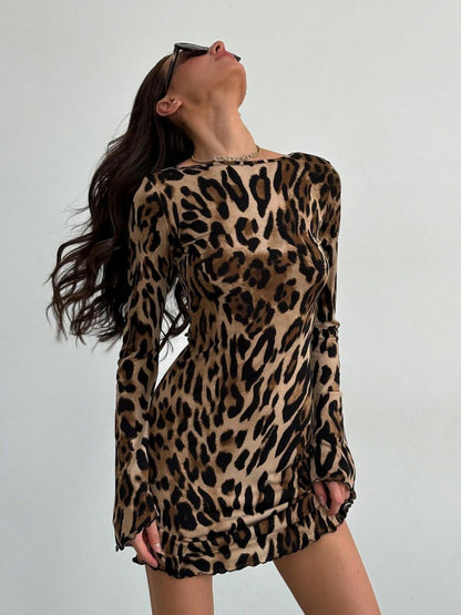 Leopard Print Backless Strappy High-waisted Round Neck Long-sleeved Short Dress